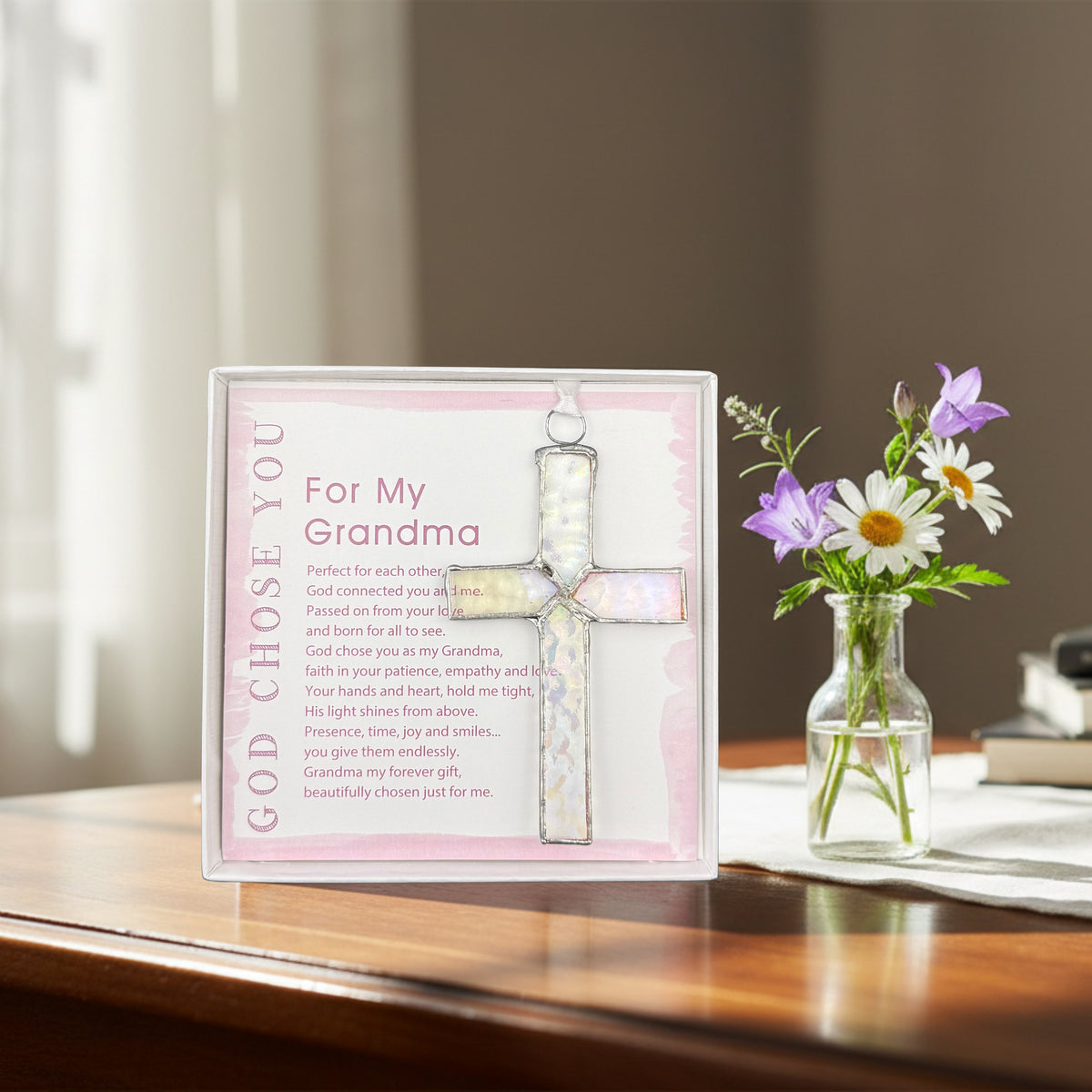 "For You Grandma" cross gift on a grandmother's desk.