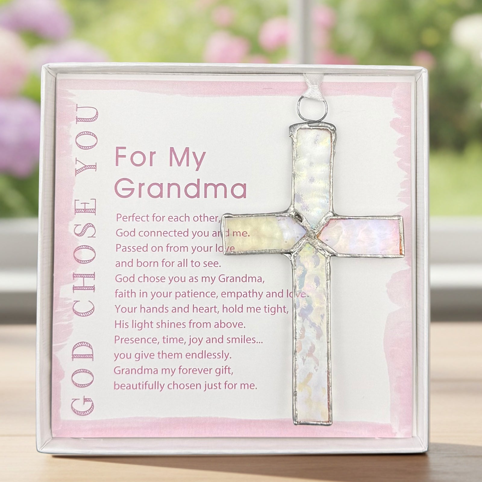 Handmade 4 1/2" stained glass cross and "For My Grandma" sentiment in white box with clear lid.