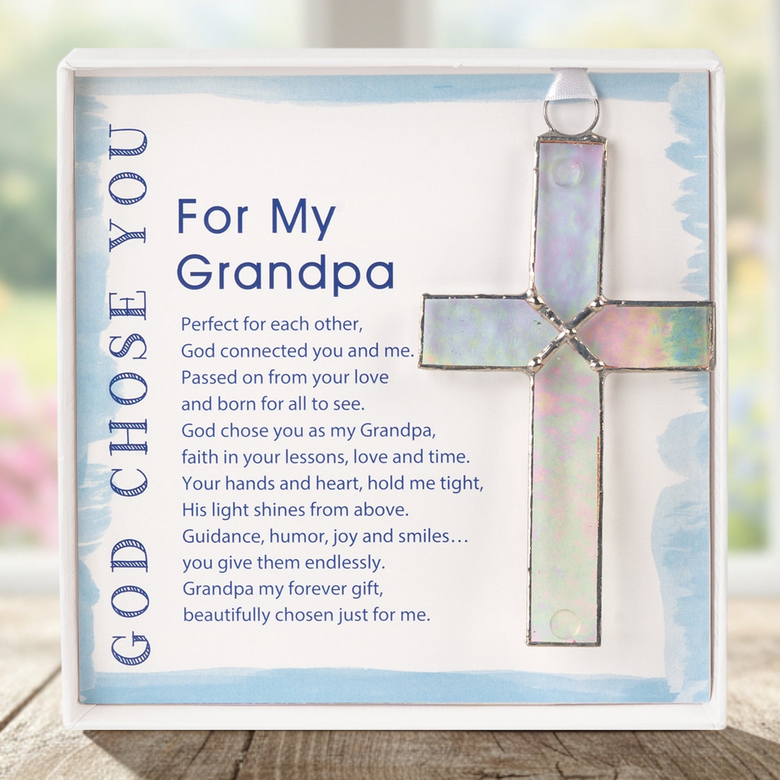 Handmade 4 1/4" clear stained glass cross and "For My Grandpa" sentiment in white box with clear lid.