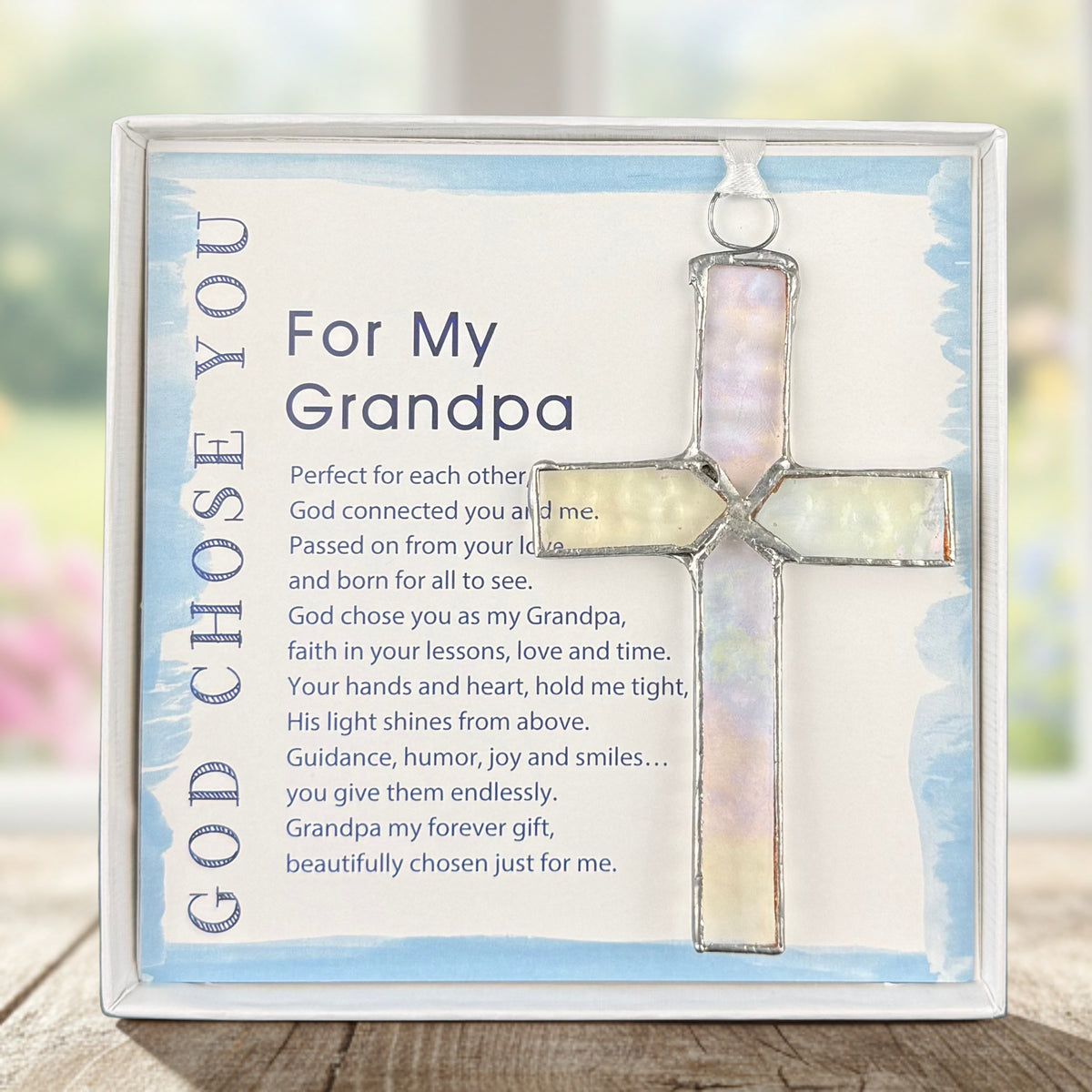 Handmade 4 1/2" stained glass cross and "For My Grandpa" sentiment in white box with clear lid.
