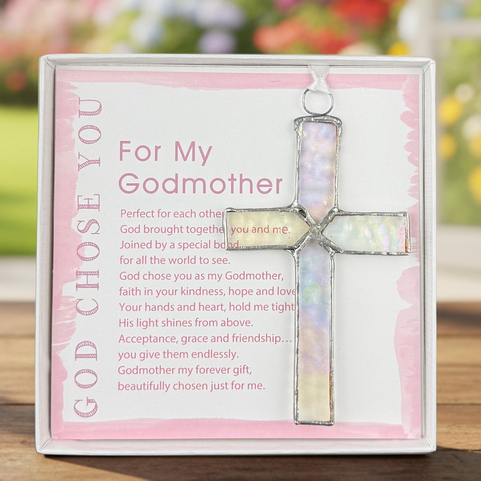 Handmade 4 1/2" stained glass cross and "For My Godmother" sentiment in white box with clear lid.