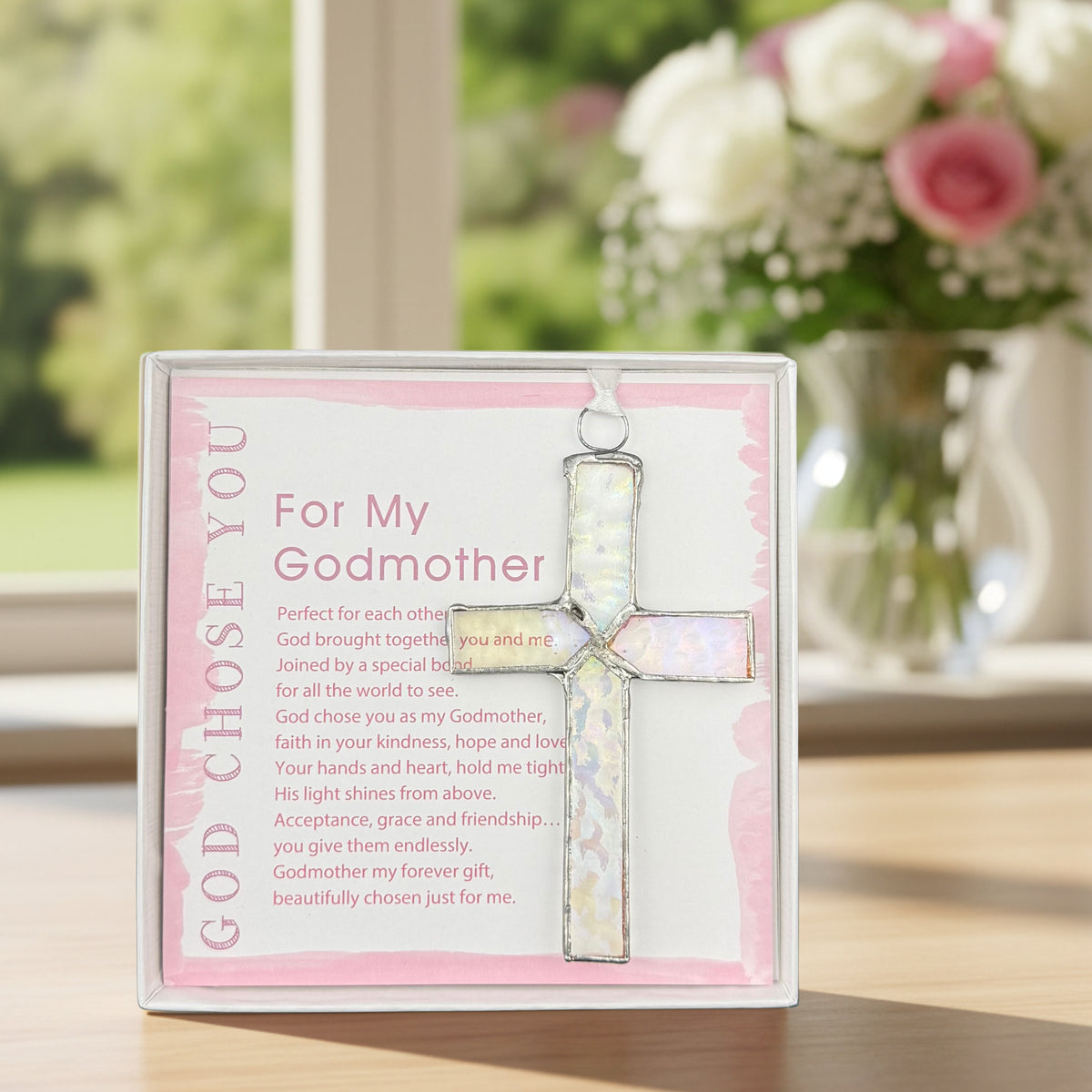 "God Chose You for My Godmother" gift on a table in front of a garden window.