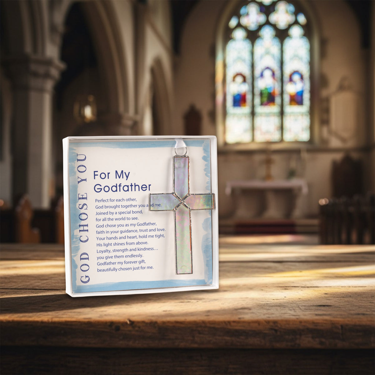 "For My Godfather" cross and sentiment in a church.