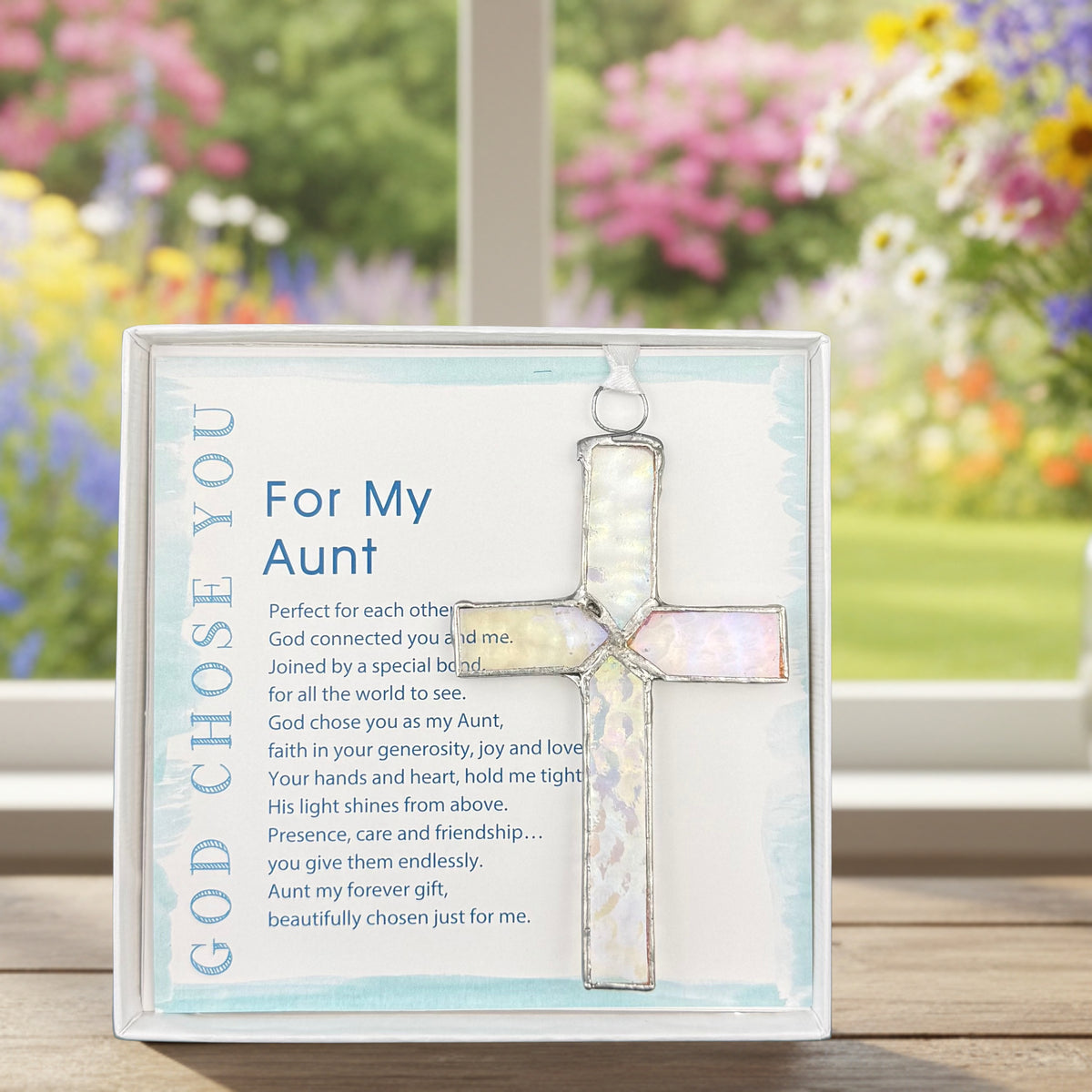Handmade 4 1/2" stained glass cross and "For My Aunt" sentiment in white box with clear lid.