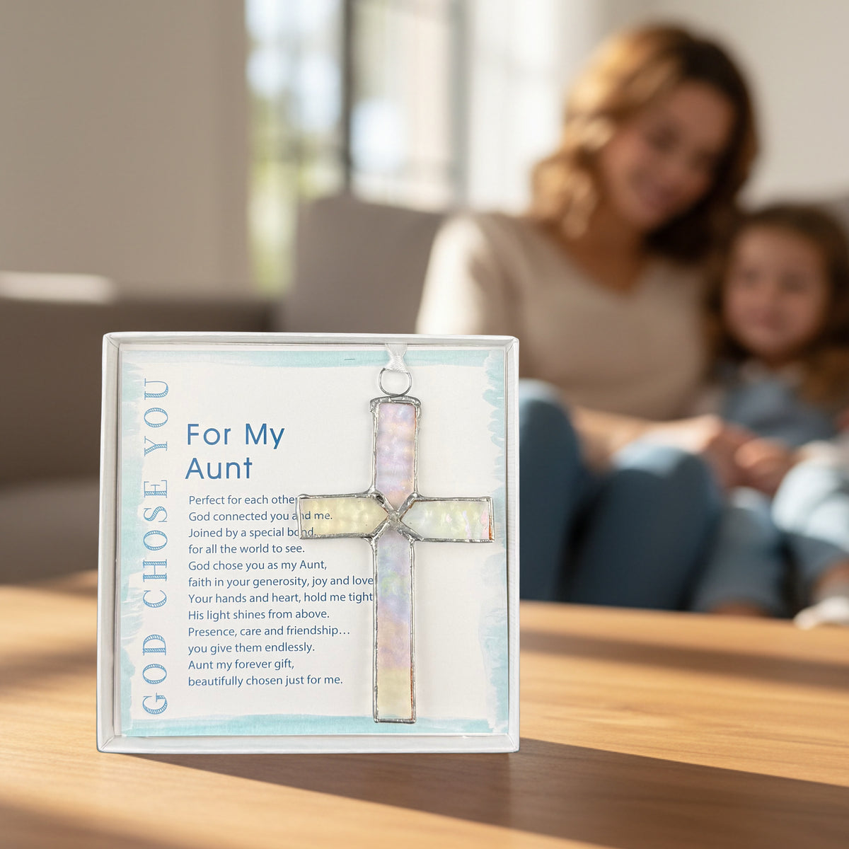 "God Chose You for My Aunt" gift with an aunt and niece in the background.