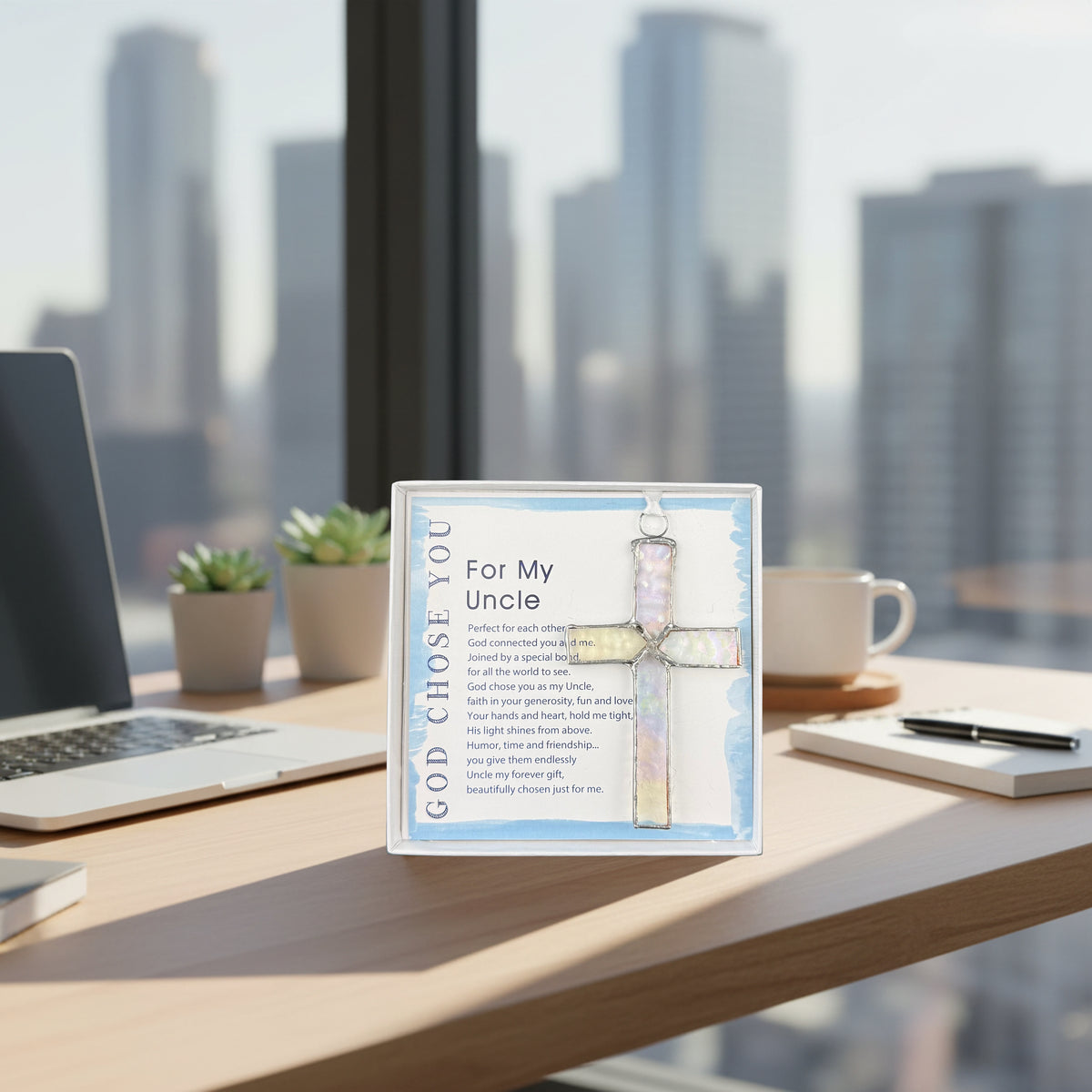 Stained glass cross gift for an uncle on his desk.