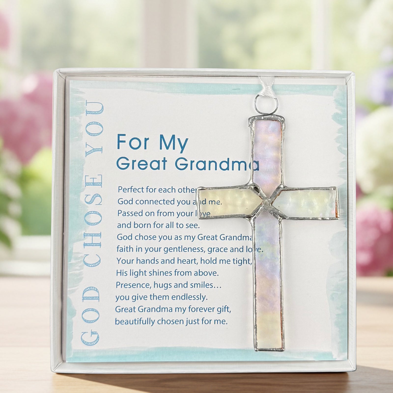 Handmade 4 1/2" stained glass cross and "For My Great Grandma" sentiment in white box with clear lid.