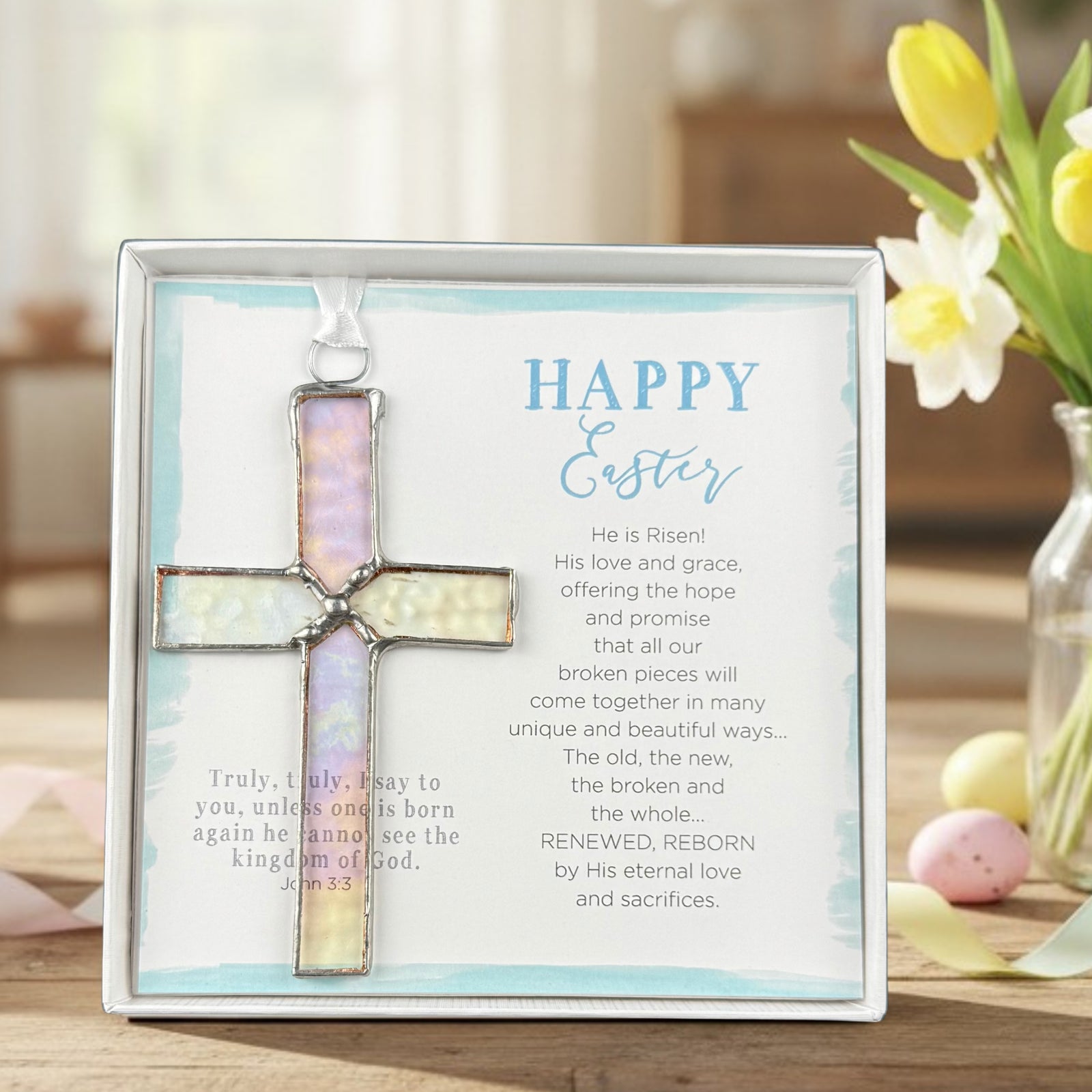 Handmade 4 1/2" stained glass cross and "Happy Easter" sentiment in white box with clear lid.