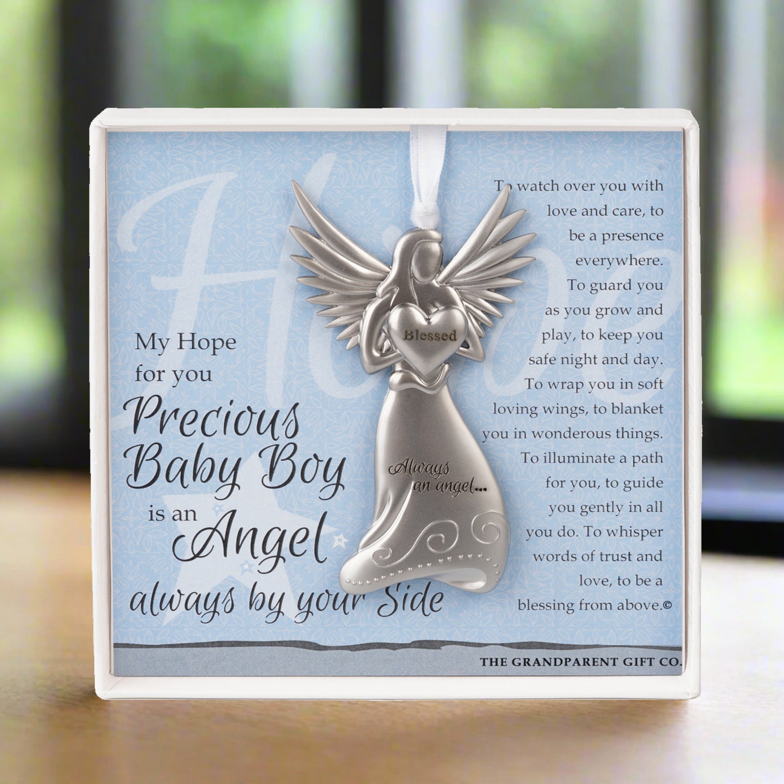 Baby Boy Gift- 4" metal blessed angel ornament with "Precious Baby Boy" poem in white box with clear lid.