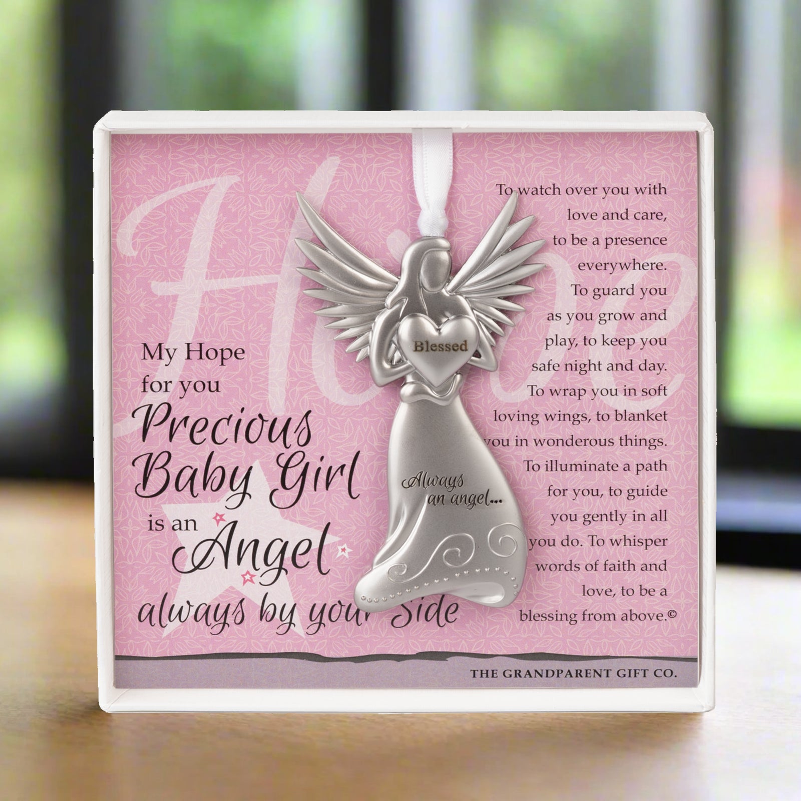 Baby Girl Gift- 4" metal blessed angel ornament with "Precious Baby Girl" poem in white box with clear lid.