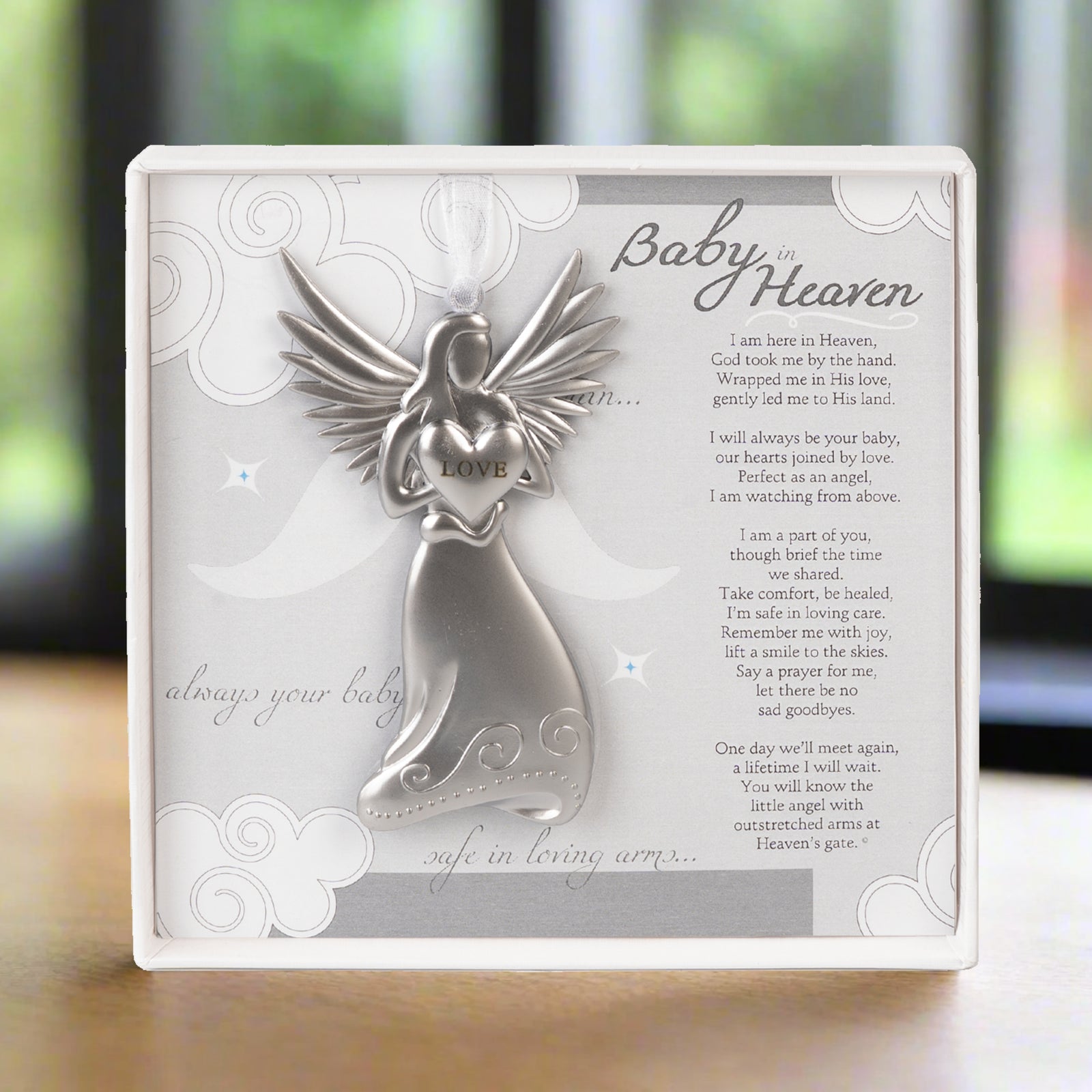 Infant Loss Memorial Gift - 4" metal love angel ornament with "Baby in Heaven" poem card in white box with clear lid.