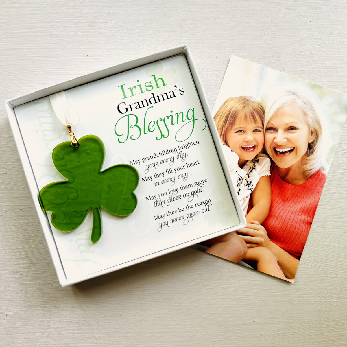 Irish Grandma's Blessing Gift with photo of her grandma and her granddaughter in background.