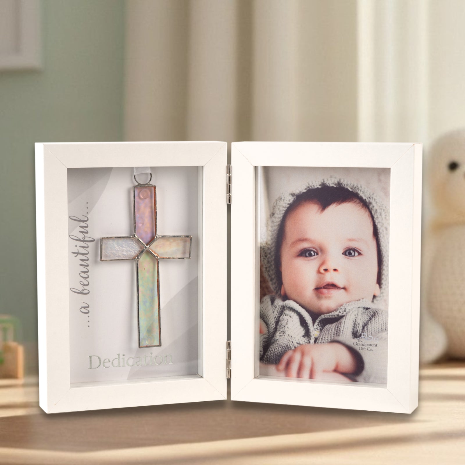 Dedication Gift - 4x6 double shadow box frame with handmade 4 1/4" clear iridescent stained glass cross and "a beautiful Dedication" sentiment on one side and space for a 4x6 photo on the other.