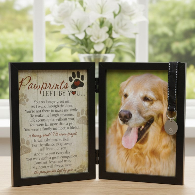 5x7 "Pawprints Left by You" framed poem and photo double frame.