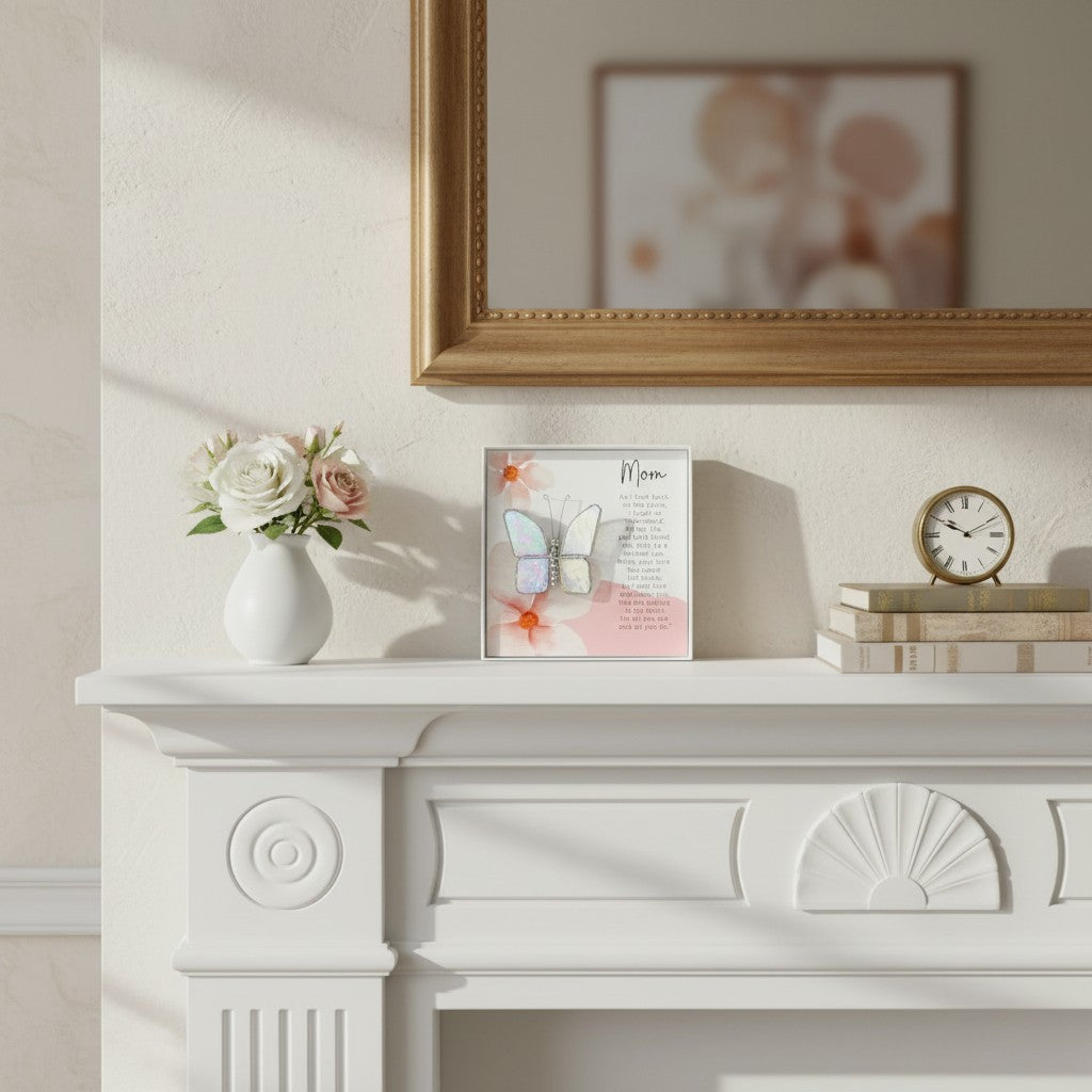 Butterfly gift for mom on her fireplace mantle.