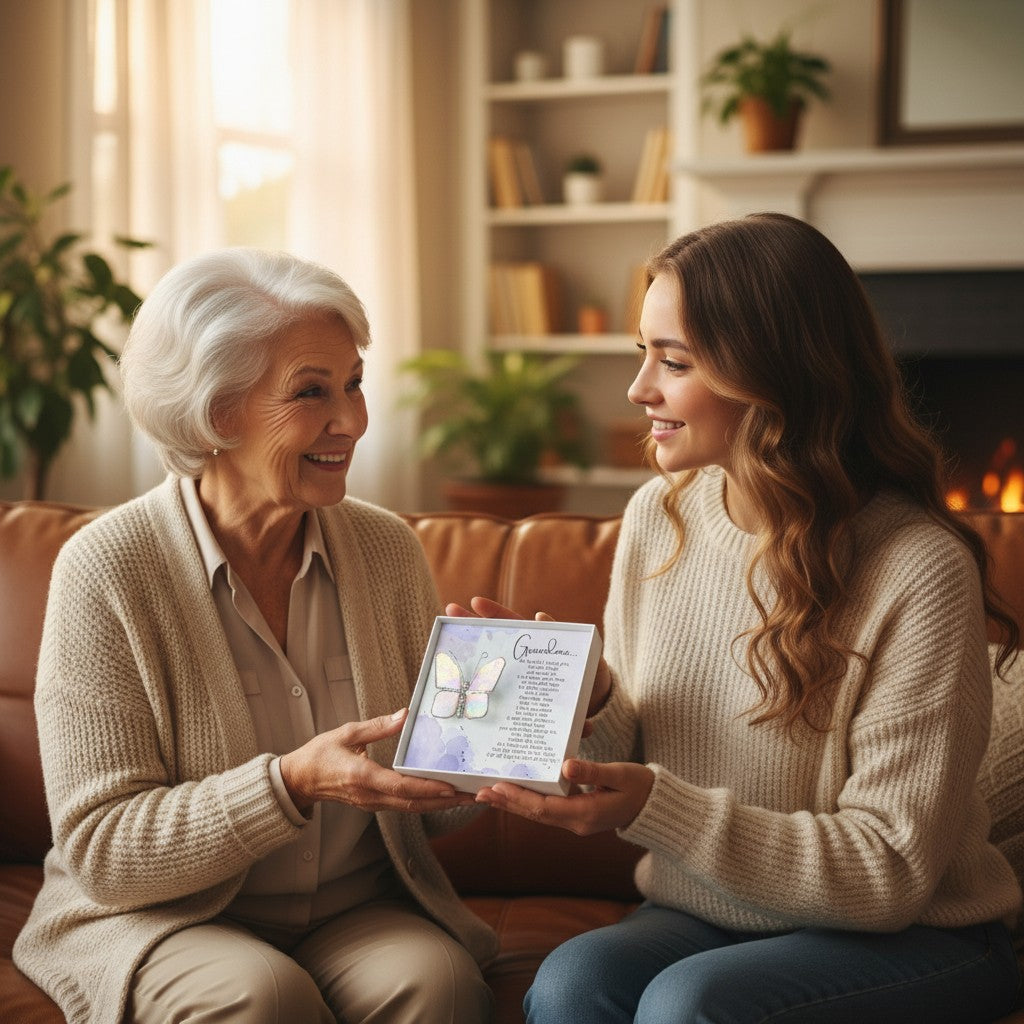 A granddaughter giving the butterfly gift to her grandmother.
