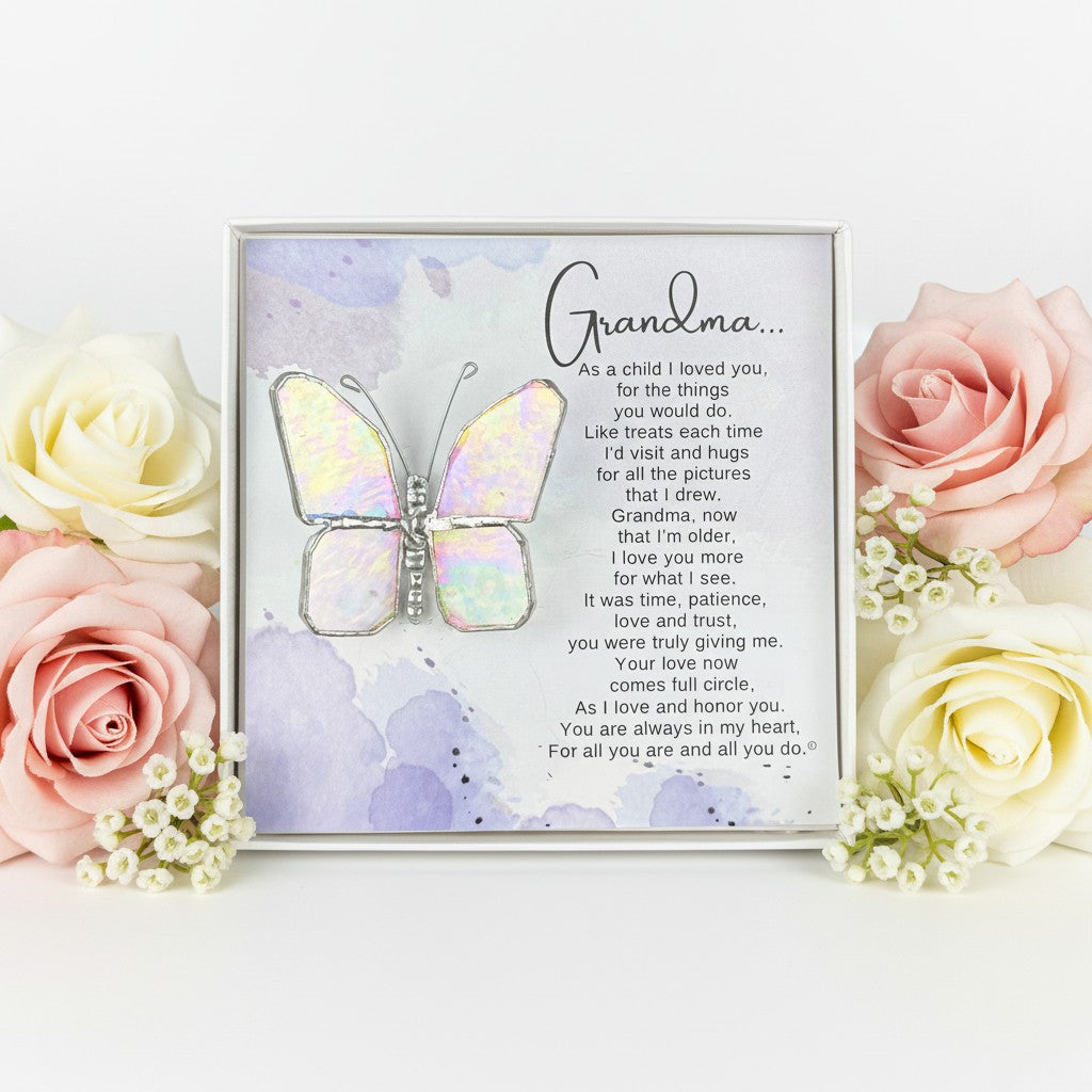 Stained Glass Butterfly gift for grandma with flowers around it.
