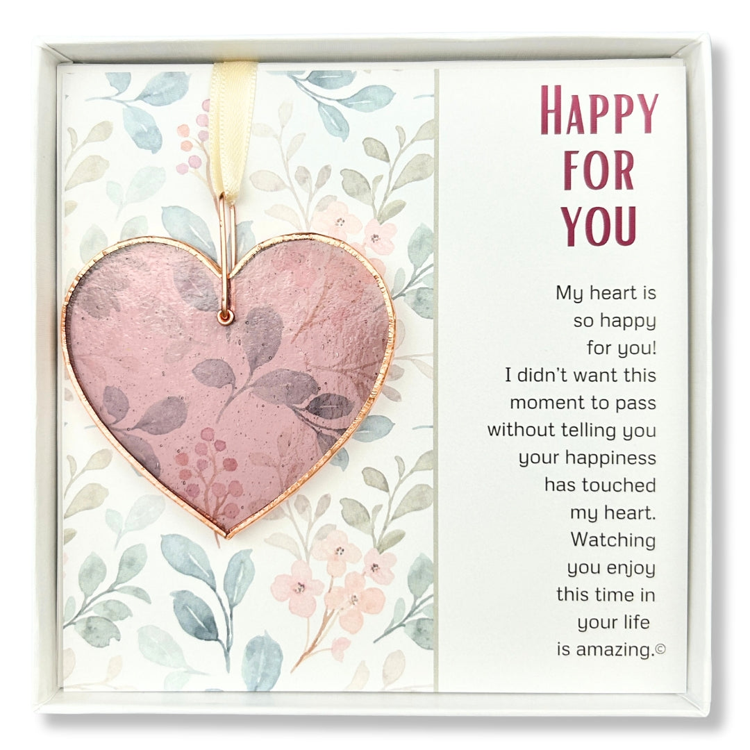 Rose Mauve stained glass heart packaged with "Happy for You" Poem in a white box with a clear lid.