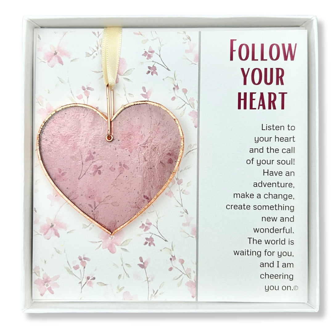Rose Mauve stained glass heart with copper edging and ring packaged with "Follow Your Heart" Poem in a white box with a clear lid.