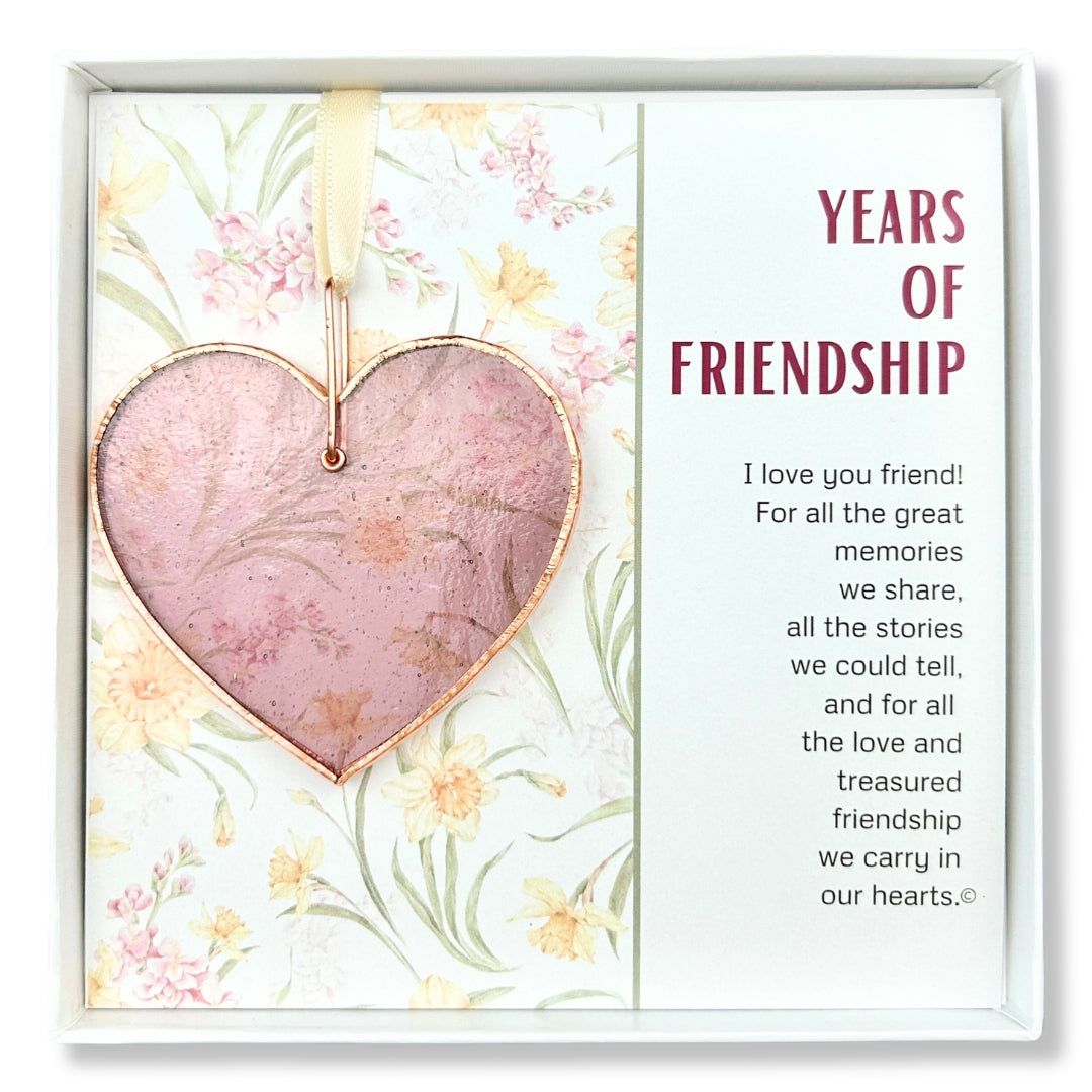 Rose Mauve stained glass heart packaged with "Years of Friendship" Poem in a white box with a clear lid.