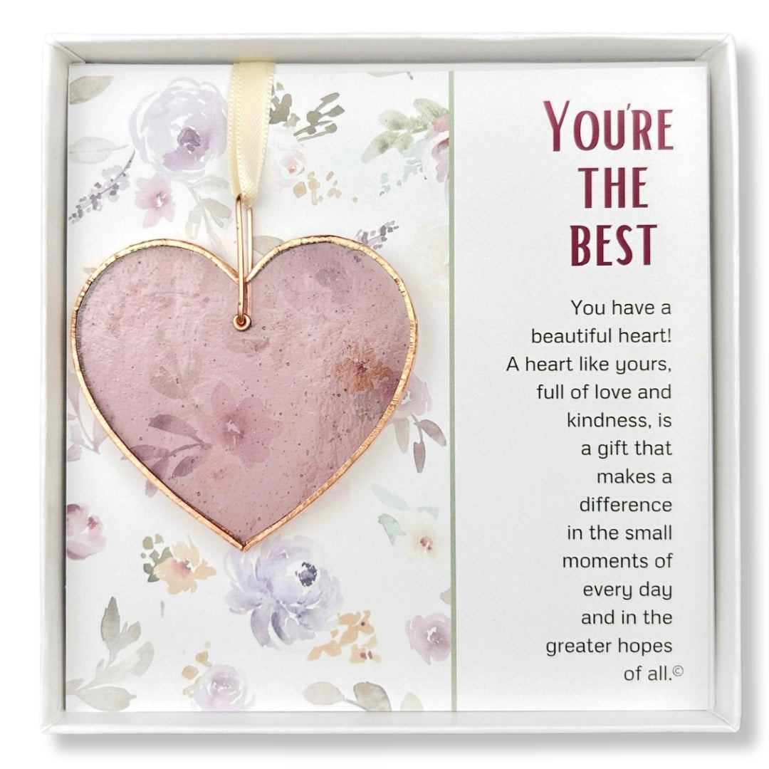 Rose Mauve stained glass heart packaged with "You're the Best" Poem in a white box with a clear lid.