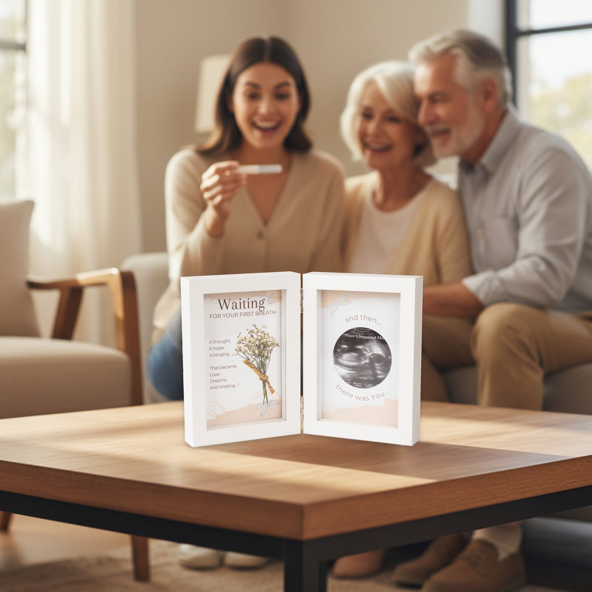 Ultrasound Frame sitting on a table in front of a woman announcing her pregnancy to her parents.
