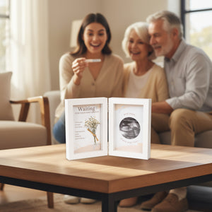 4 of 5:Ultrasound Frame sitting on a table in front of a woman announcing her pregnancy to her parents.
