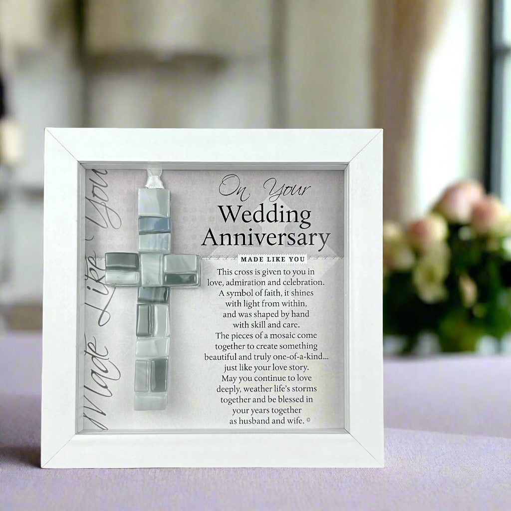 4" gray mosaic glass cross with "On Your Wedding Anniversary" sentiment in white shadow box frame.