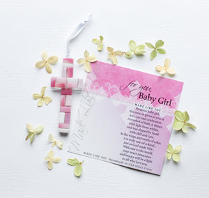 3 of 5:Pink Mosaic cross with shades of pink and white lying next to the For You, Baby Girl sentiment artwork.