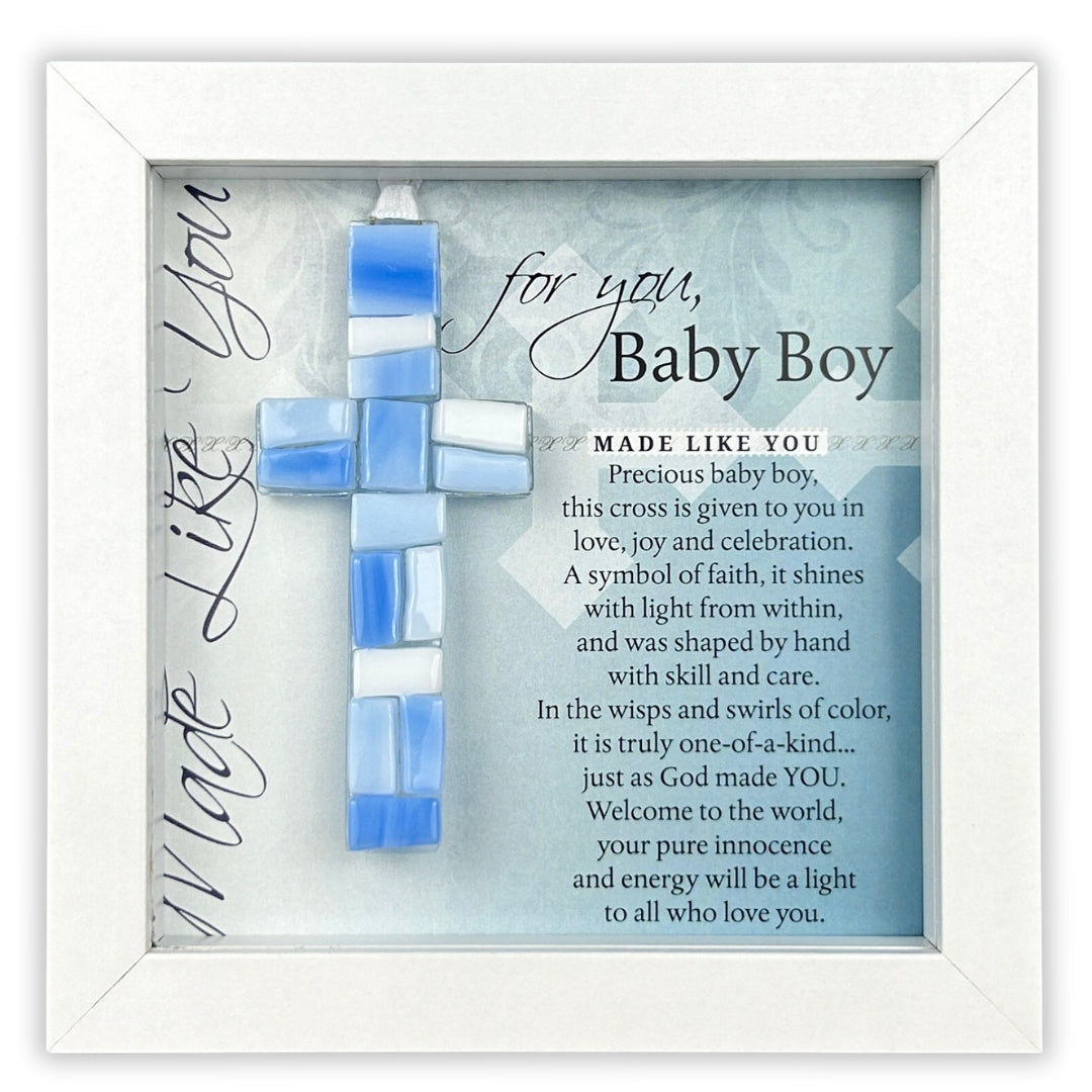 Handmade 4" blue mosaic glass cross and "For You, Baby Boy" sentiment in white shadow box frame.
