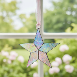 5 of 7:Clear iridescent star with silver trim hanging from a pink organza ribbon in a window.