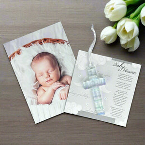 5 of 7:Baby in Heaven card and cross with a memorial photo of a baby.