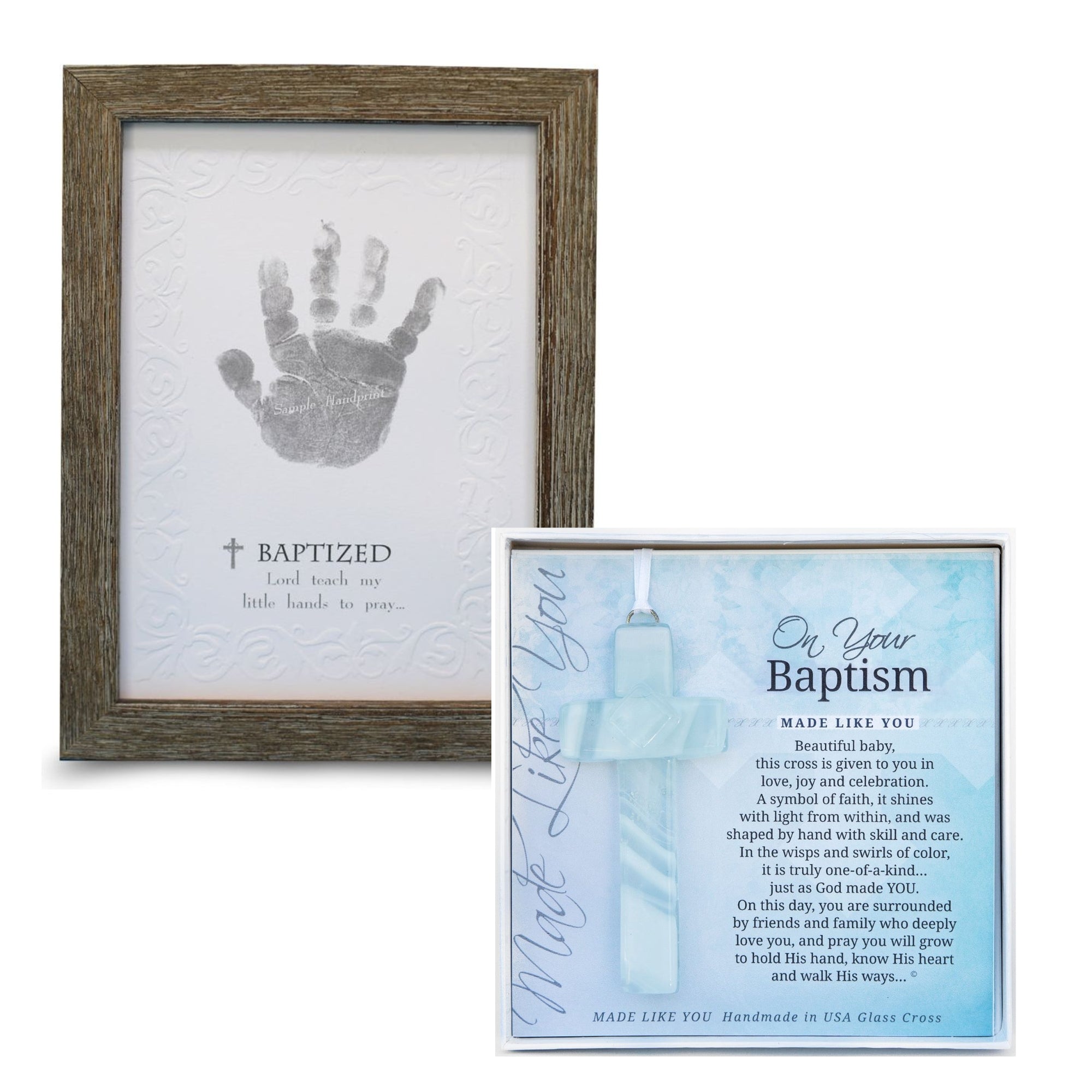 Baptism Gift Set with keepsake handprint frame and On Your Baptism cross and sentiment.