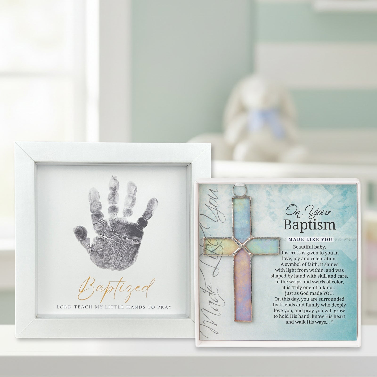 Baptism Gift Set with keepsake handprint frame and On Your Baptism cross and sentiment.