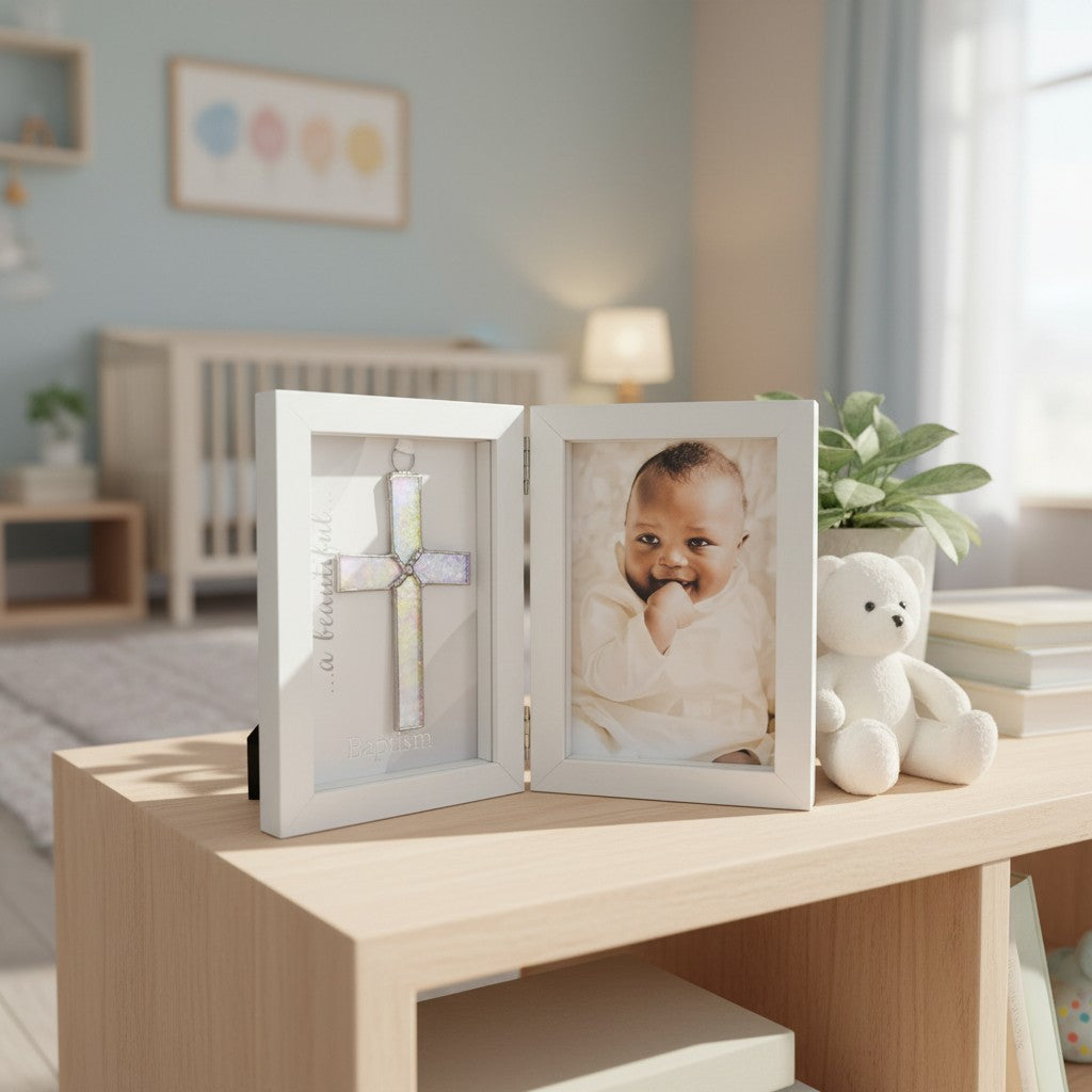 Baptism frame on a shelf in a baby's room.