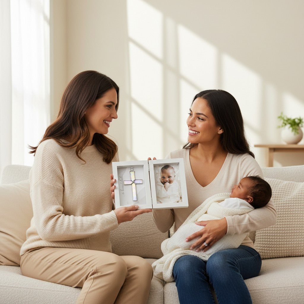 Two women on a sofa, one gifting the other with the Baptized frame.