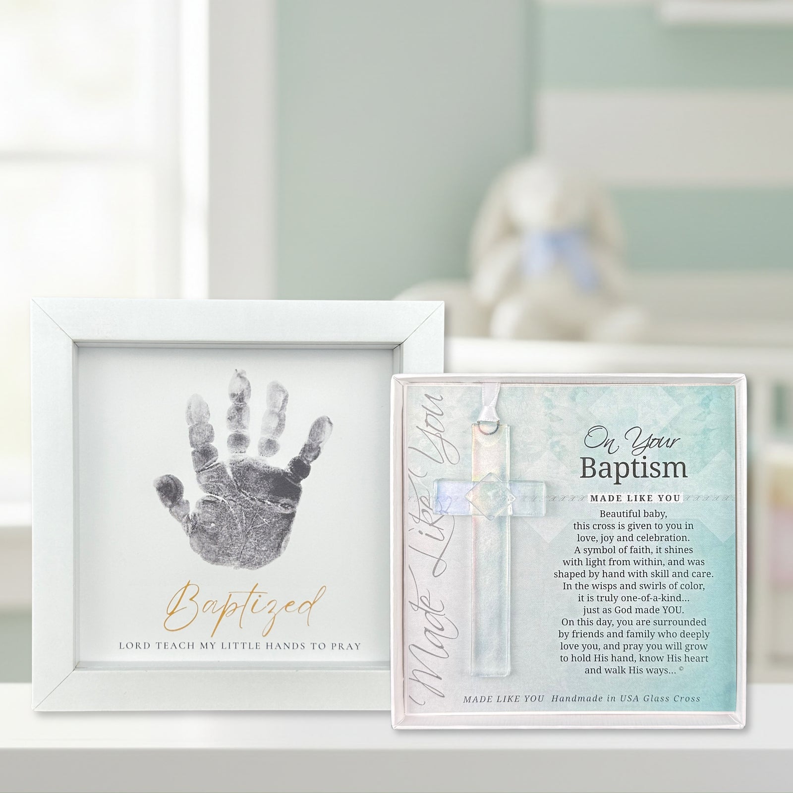 Baptism Gift Set with keepsake handprint frame and On Your Baptism cross and sentiment.