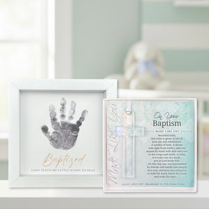 1 of 11:Baptism Gift Set with keepsake handprint frame and On Your Baptism cross and sentiment.