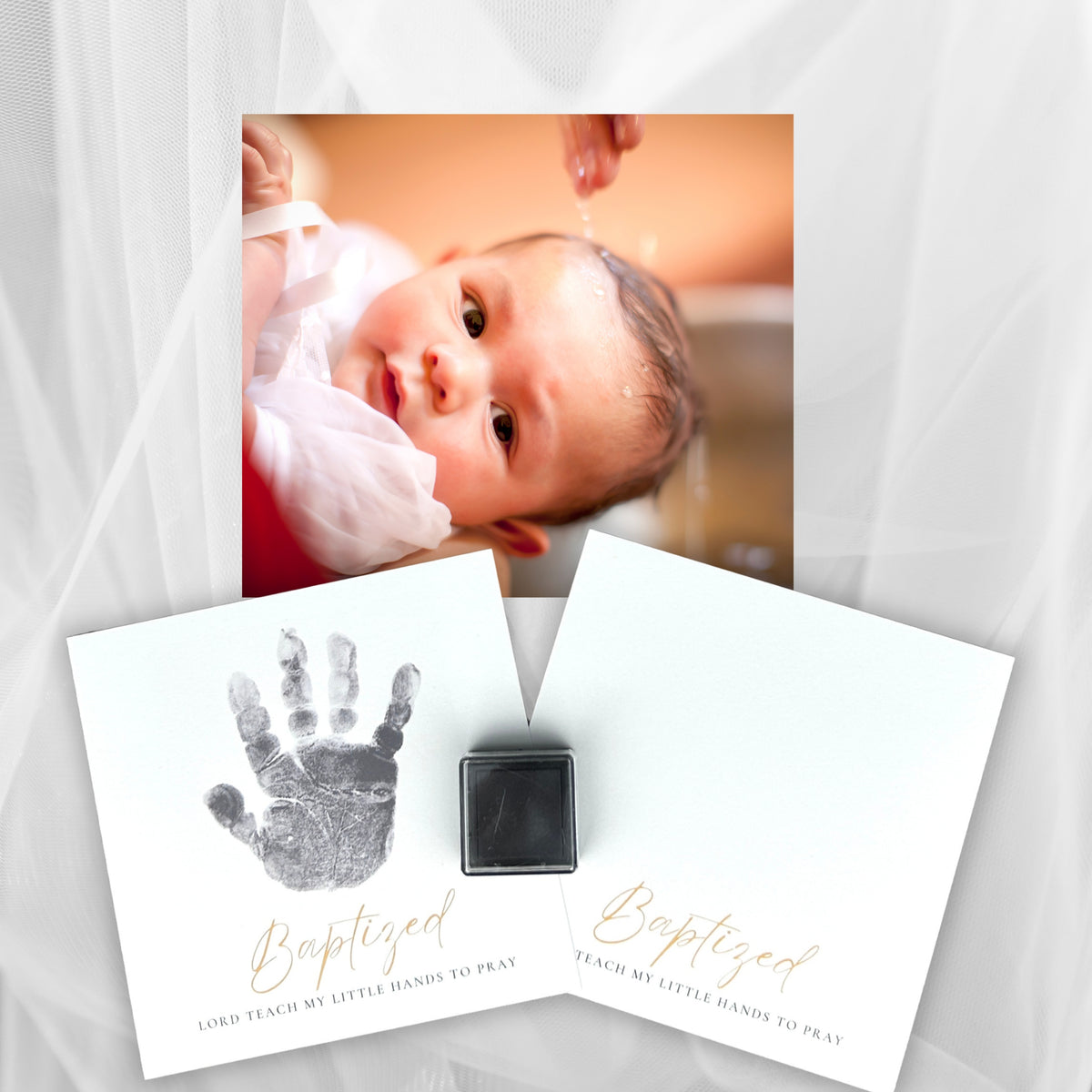 Frame comes with a sample piece of art with a handprint, a blank piece of art for the child's handprint, and an ink pad.