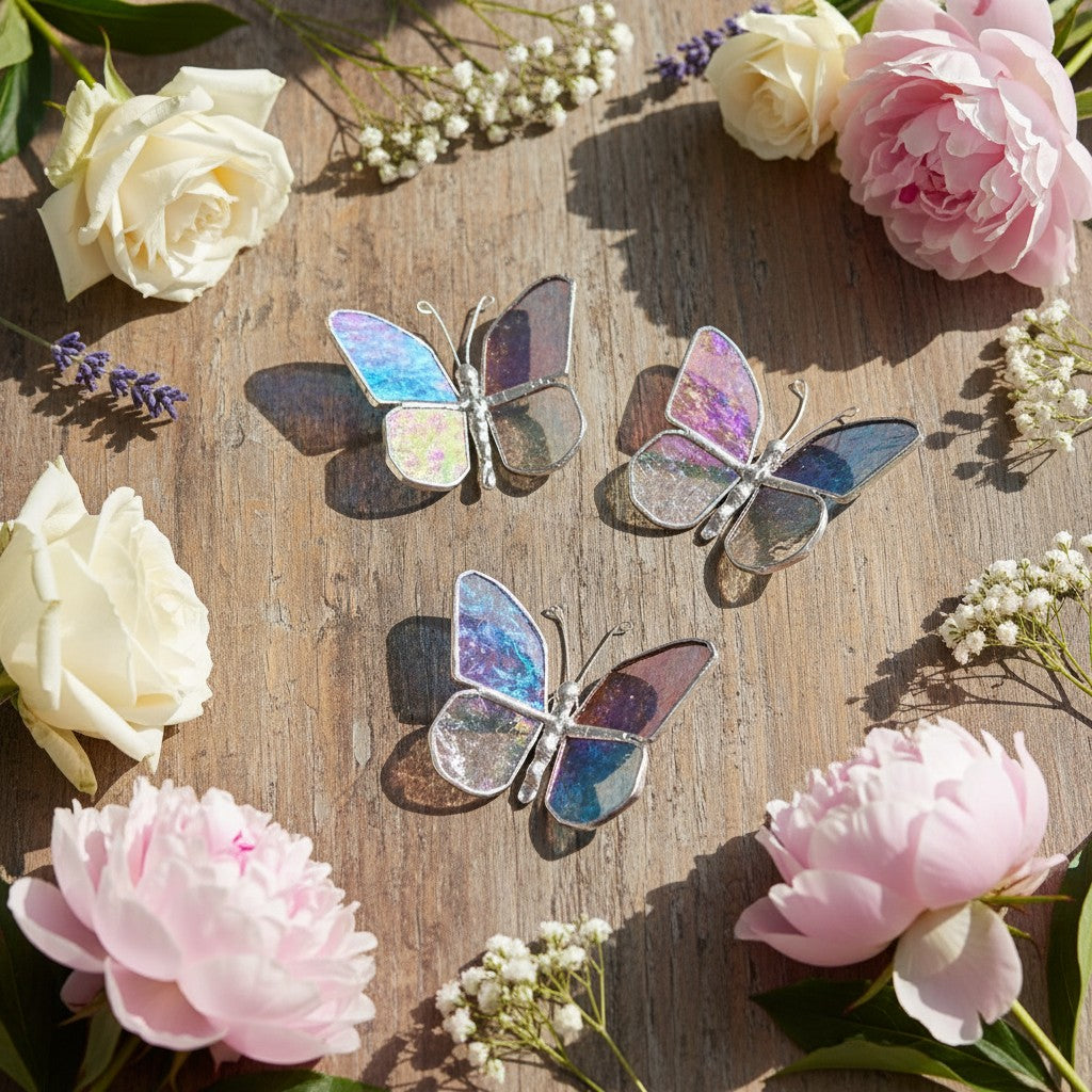 An assortment of stained glass butterflies.
