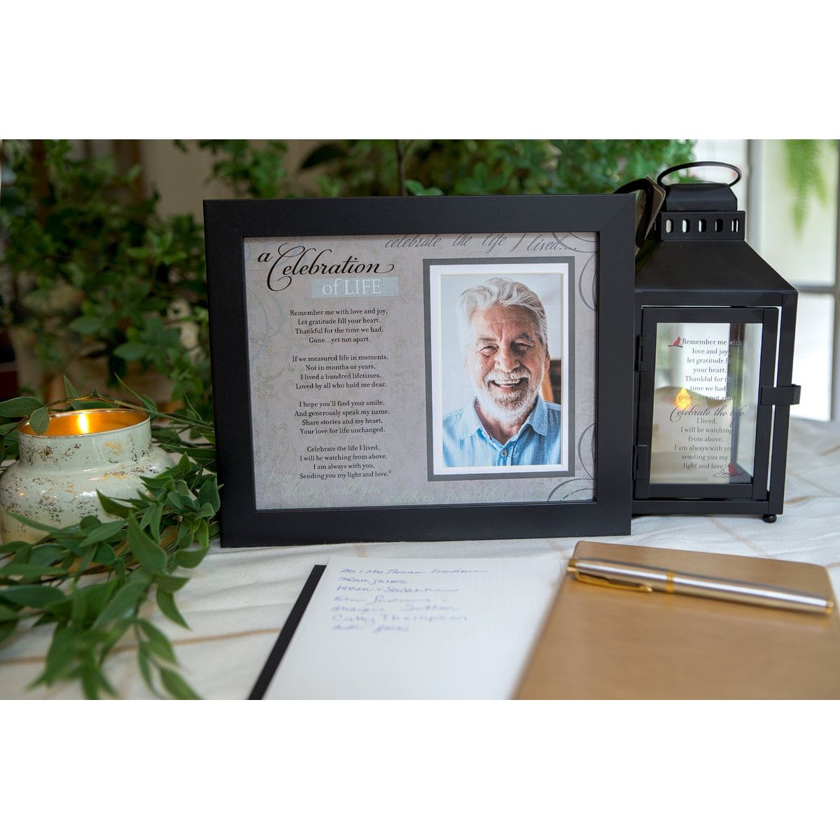 Celebration of Life frame and lantern featured at a celebration of life ceremony.