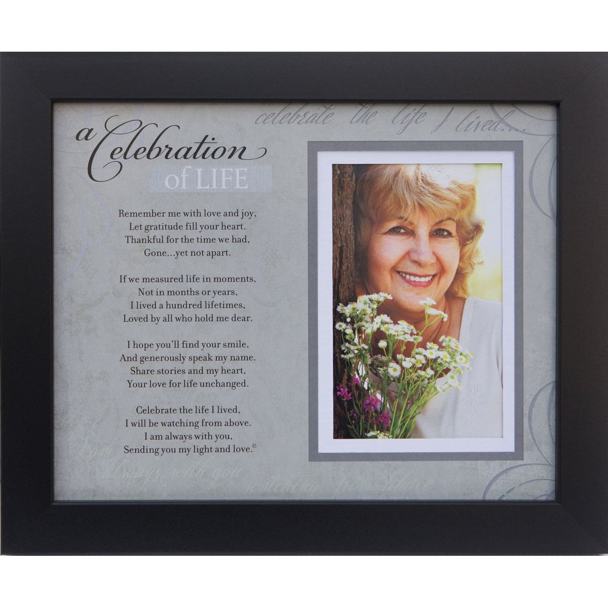8x10 black frame with "Celebration of Life Memorial" poem and opening for 3.5"x5" or 4"x6" photo.