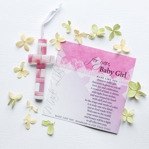 3 of 7:Pink Mosaic cross with shades of pink and white lying next to the For You, Baby Girl sentiment artwork.