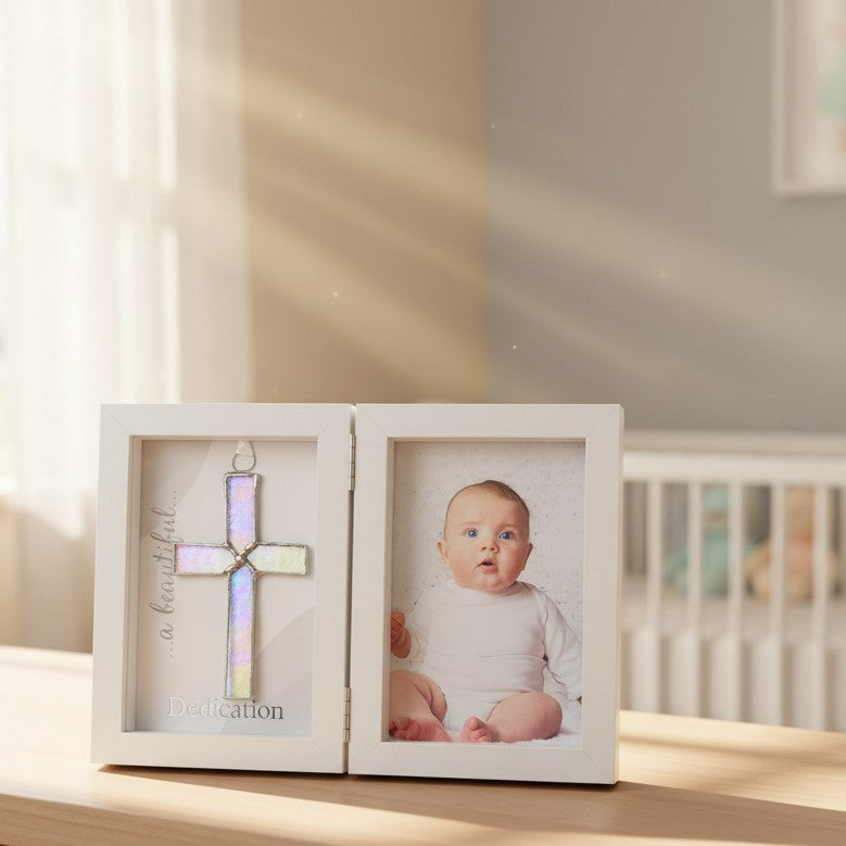 Dedication shadow box frame standing open on a table.