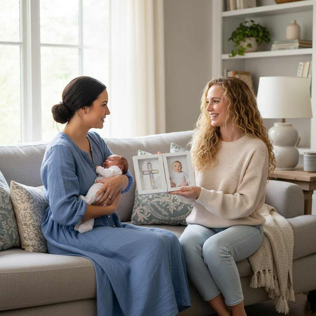 A woman holding a baby being gifted the Dedication frame.