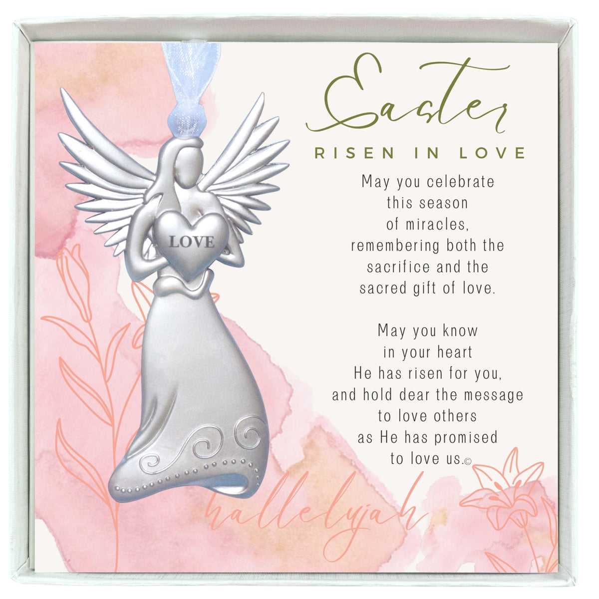 Easter Angel Gift - 4&quot; metal love angel ornament with &quot;Easter Risen in Love&quot; sentiment in white box with clear lid.
