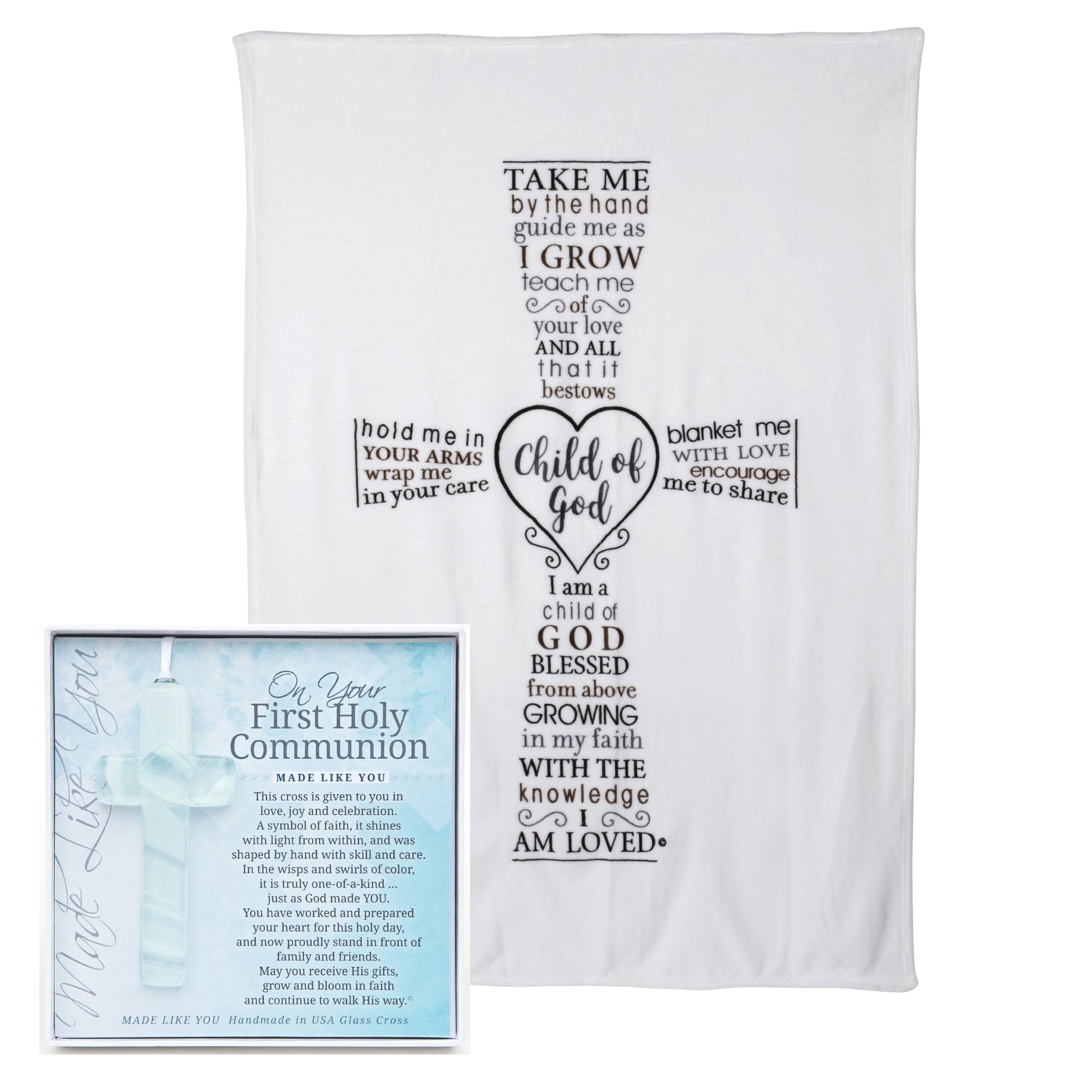 First Communion Gift Set with a Child of God blanket and On Your First Holy Communion glass cross.