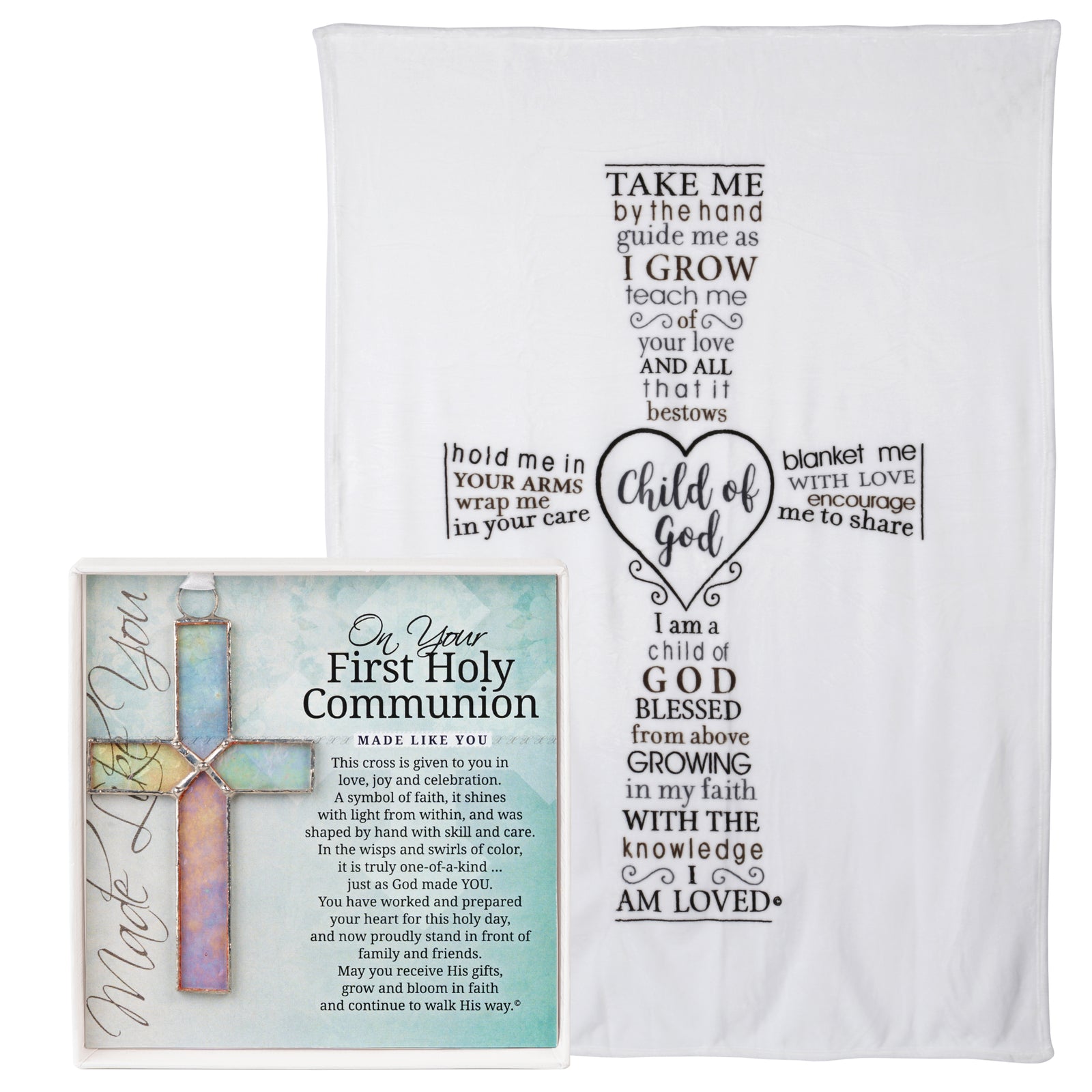 First Communion Gift Set with a Child of God blanket and On Your First Holy Communion glass cross.