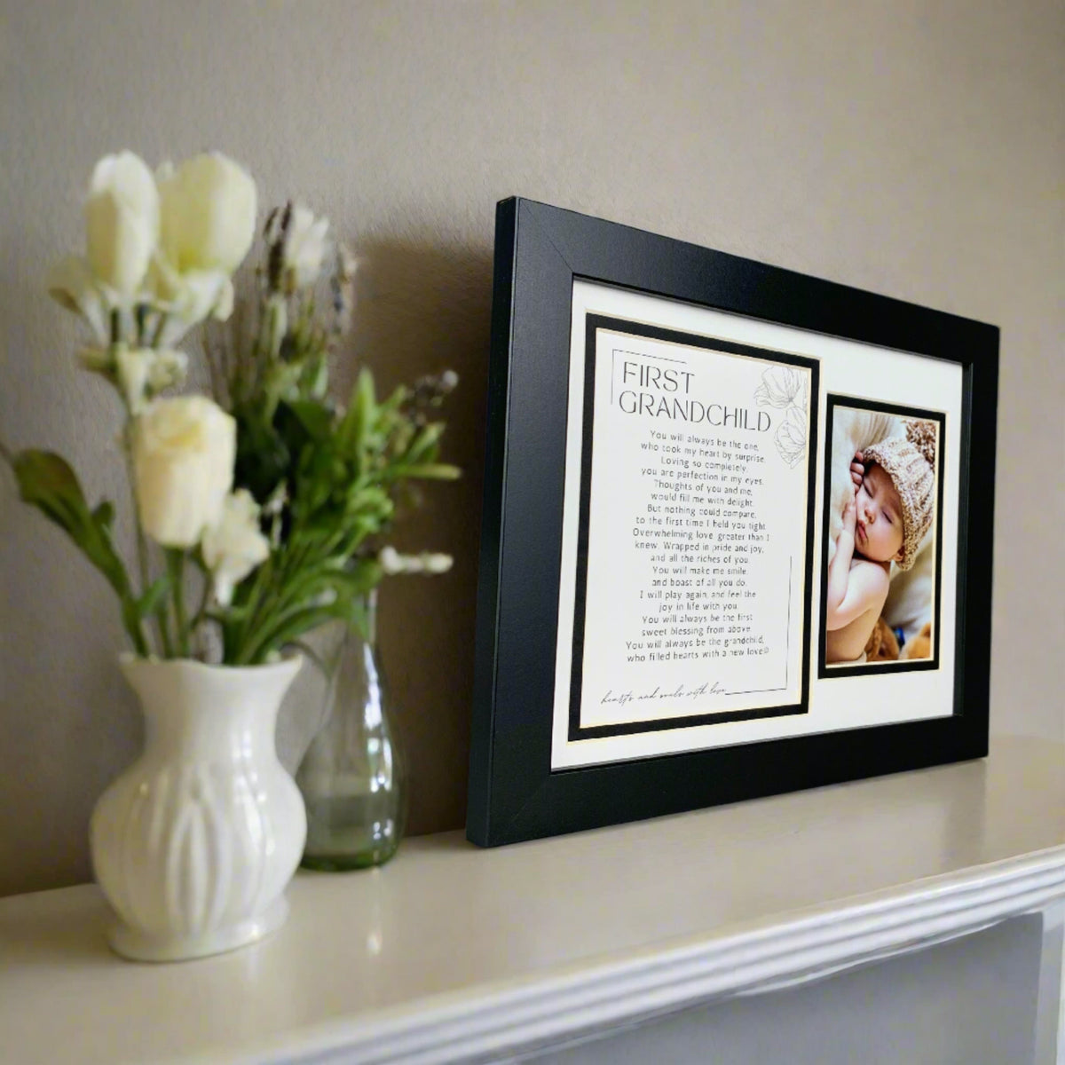 Side view of First Grandchild Frame on a fireplace mantle.