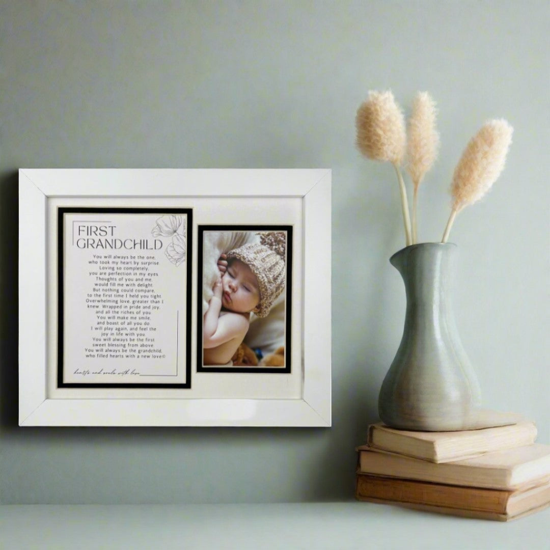 8x10 white frame with white and black double mat, includes "First Grandchild" poem and space for photo.